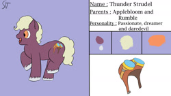 Size: 1280x720 | Tagged: safe, artist:schumette14, imported from derpibooru, oc, oc:thunder strudel, earth pony, earth pony oc, first design, next generation, offspring, parent:apple bloom, parent:applebloom, parent:rumble, parents:rumbloom