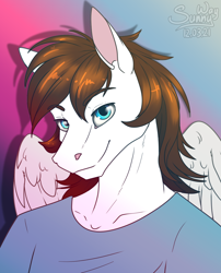 Size: 968x1200 | Tagged: safe, artist:sunny way, imported from derpibooru, oc, oc only, anthro, pegasus, pony, anthro pony, art, artwork, bust, clothes, digital art, eyebrows, eyebrows visible through hair, finished commission, finishedcommission, folded wings, gradient background, looking at you, male, my little pony, portrait, shirt, sketch, smiling, solo, solo male, stallion, wings