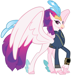 Size: 8196x8647 | Tagged: safe, artist:andoanimalia, artist:ponygamer2020, imported from derpibooru, queen novo, classical hippogriff, hippogriff, fallout equestria, my little pony: the movie, absurd resolution, clothes, crown, fallout, female, jewelry, jumpsuit, lidded eyes, looking at you, pipboy, regalia, show accurate, simple background, smiling, smiling at you, solo, transparent background, vault suit, vector, wings