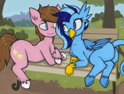 Size: 2255x1711 | Tagged: safe, artist:marsminer, imported from derpibooru, oc, oc only, oc:dusty tomes, oc:serenity, earth pony, griffon, hippogriff, pony, blue coat, blue eyes, blue mane, blue tail, blue wings, brown mane, brown tail, butt, colored hooves, female, folded wings, large butt, looking at each other, male, multicolored mane, park, pink coat, stallion, unshorn fetlocks, white hooves, wings