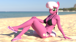 Size: 3840x2160 | Tagged: safe, artist:purenexus, artist:wintersarts, imported from derpibooru, cheerilee, anthro, earth pony, plantigrade anthro, 3d, 4k, beach, bikini, black bikini, black swimsuit, blender, blender cycles, breasts, busty cheerilee, clothes, feet, female, high res, looking at you, nail polish, not sfm, sandals, sexy, shoe dangling, smiling, solo, solo female, stupid sexy cheerilee, swimsuit, toenail polish