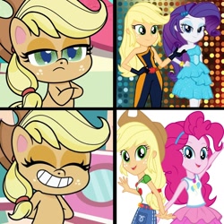 Size: 1300x1300 | Tagged: safe, edit, edited screencap, imported from derpibooru, screencap, applejack, pinkie pie, rarity, earth pony, human, pony, equestria girls, equestria girls (movie), equestria girls series, how applejack got her hat back, my little pony: pony life, superb six, spoiler:pony life s01e04, amused, applejack is not amused, applejack's hat, applepie, bipedal, clothes, cowboy hat, crossed arms, crossed hooves, duo, duo female, eyes closed, fall formal outfits, female, g4.5, geode of sugar bombs, geode of super strength, grin, hat, hatless, hotline bling, lesbian, magical geodes, meme, missing accessory, op is a duck, op is trying to start shit, pony life, rarijack, shipping, smiling, solo, unamused
