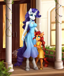 Size: 800x960 | Tagged: safe, artist:buvanybu, imported from derpibooru, rarity, oc, oc:goldheart, anthro, unguligrade anthro, unicorn, breasts, busty rarity, clothes, dress, female, mother and child, mother and daughter