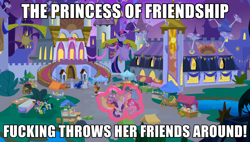 Size: 1092x619 | Tagged: safe, edit, edited screencap, imported from derpibooru, screencap, applejack, cayenne, discord, fluttershy, golden gavel, hot streak, jet set, lemon hearts, night fire, perfect pie, pinkie pie, princess celestia, princess luna, rainbow dash, rarity, spike, twilight sparkle, vance van vendington, wensley, alicorn, dragon, earth pony, pegasus, pony, unicorn, the summer sun setback, apple family member, caption, clothes, female, flying, gritted teeth, hawaiian shirt, image macro, levitation, magic, mane seven, mane six, royal sisters, shirt, siblings, sisters, telekinesis, text, twilight sparkle (alicorn), vulgar, winged spike, wings