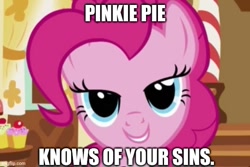 Size: 611x408 | Tagged: safe, edit, edited screencap, editor:professorventurer, imported from derpibooru, screencap, pinkie pie, bedroom eyes, caption, grin, image macro, imgflip, looking at you, meme, pinkie pie is watching you, smiling, text