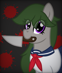 Size: 899x1055 | Tagged: safe, artist:froyo15sugarblast, imported from derpibooru, oc, oc only, oc:penny apple, earth pony, pony, blood, clothes, eye clipping through hair, female, halfbody, knife, looking at you, mare, school uniform, shadow, smiling, solo, yandere