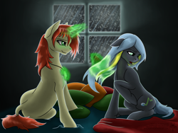 Size: 1600x1200 | Tagged: safe, artist:adalbertus, imported from derpibooru, oc, oc only, oc:amber drop, oc:rain dancer, earth pony, pony, unicorn, brush, brushing, fanfic, fanfic art, fanfic cover, pillow, rain, window