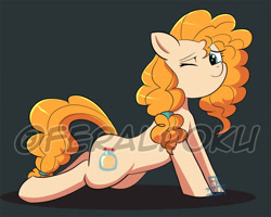 Size: 1280x1023 | Tagged: safe, artist:feralroku, imported from derpibooru, pear butter, earth pony, pony, cute, gray background, lying down, obtrusive watermark, one eye closed, prone, simple background, solo, watermark