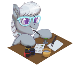 Size: 3748x3227 | Tagged: safe, artist:taytinabelle, imported from derpibooru, silver spoon, earth pony, pony, accessories, accessory, blushing, braid, cute, ear fluff, female, filly, glasses, high res, jewelry, minifig, mouth hold, necklace, painting, silverbetes, simple background, smiling, solo, unshorn fetlocks, white background