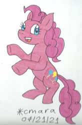 Size: 783x1192 | Tagged: safe, artist:cmara, imported from derpibooru, pinkie pie, earth pony, pony, female, mare, open mouth, raised hoof, raised leg, rearing, simple background, solo, traditional art, white background