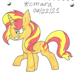 Size: 1014x1015 | Tagged: safe, artist:cmara, imported from derpibooru, sunset shimmer, pony, unicorn, female, grin, mare, raised hoof, simple background, smiling, solo, traditional art, white background