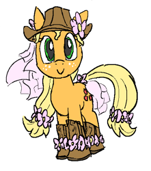 Size: 524x592 | Tagged: artist needed, safe, applejack, earth pony, pony, boots, drawthread, flower, flower in hair, freckles, hat, looking at you, shoes, simple background, smiling, white background