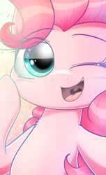 Size: 1155x1900 | Tagged: safe, artist:phoenixrk49, imported from derpibooru, pinkie pie, close-up, cute, diapinkes, happy, looking at you, one eye closed, simple background, smiling, wink, winking at you