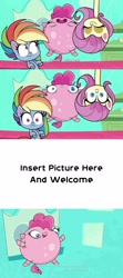 Size: 1000x2262 | Tagged: safe, edit, edited screencap, imported from derpibooru, screencap, fluttershy, pinkie pie, rainbow dash, earth pony, inflatable pony, pegasus, pony, my little pony: pony life, potion mystery, balloonie pie, comic, eyes closed, female, inflatable, inflation, laughing, long neck, meme, meme template, screencap comic, solo, template, trio, trio female