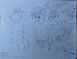 Size: 3961x3033 | Tagged: safe, artist:tolpain, imported from ponybooru, oc, oc:peanut toffy, oc:raspberry toffy, anthro, angry, chibi, clothes, dialogue, dressing, fraternal twins, frilly underwear, mini comic, panties, sketch, striped underwear, traditional art, underwear, white underwear