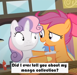 Size: 469x452 | Tagged: safe, edit, edited screencap, imported from derpibooru, screencap, scootaloo, sweetie belle, pegasus, pony, unicorn, twilight time, caption, faic, female, filly, frightened, image macro, out of context, text