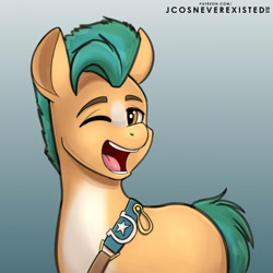 Size: 1280x1280 | Tagged: safe, artist:jcosneverexisted, imported from derpibooru, hitch trailblazer, earth pony, pony, blaze (coat marking), coat markings, facial markings, g5, looking at you, male, one eye closed, open mouth, pale belly, solo, stallion, wink, winking at you