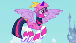 Size: 2700x1519 | Tagged: safe, artist:gmaplay, imported from derpibooru, screencap, twilight sparkle, alicorn, pony, animal mechanical, clothes, cosplay, costume, flying, high res, solo, twilight sparkle (alicorn), unicorn (animal mechanicals)