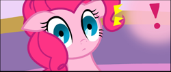 Size: 812x344 | Tagged: safe, artist:pyruvate, edit, imported from derpibooru, pinkie pie, earth pony, pony, comic:the usual, cropped, empty eyes, exclamation point, explicit source, realization, shocked, solo