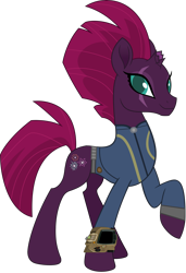 Size: 3418x5000 | Tagged: safe, artist:dashiesparkle, artist:ponygamer2020, imported from derpibooru, fizzlepop berrytwist, tempest shadow, pony, unicorn, fallout equestria, my little pony: the movie, absurd resolution, beautiful, broken horn, clothes, cute, cutie mark, eye scar, fallout, female, happy, horn, jumpsuit, looking at you, majestic, mare, movie accurate, one hoof raised, pipboy, pretty pretty tempest, raised hoof, scar, simple background, smiling, smiling at you, solo, tempestbetes, transparent background, vault suit, vector