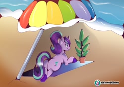 Size: 2048x1430 | Tagged: safe, artist:cosmiclitgalaxy, artist:space__skittles, imported from derpibooru, phyllis, starlight glimmer, pony, unicorn, beach, butt, female, glimmer glutes, lying down, mare, plot, potted plant, smiling, solo, umbrella