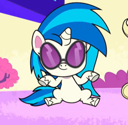 Size: 912x888 | Tagged: safe, imported from derpibooru, screencap, applejack, dj pon-3, vinyl scratch, earth pony, pony, unicorn, my little pony: pony life, spoiler:pony life s02e27, cropped, duo, duo female, female, g4.5, glasses, groovy, mare, offscreen character, one last wish, pony life, sitting, solo focus