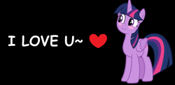 Size: 6712x3272 | Tagged: safe, artist:andoanimalia, artist:twilyisbestpone, derpibooru exclusive, edit, imported from derpibooru, vector edit, twilight sparkle, alicorn, pony, absurd resolution, awww, black background, blush sticker, blushing, bronybait, comic sans, cute, female, heart, i love you, mare, simple background, smiling, solo, twiabetes, twilight sparkle (alicorn), vector, weapons-grade cute