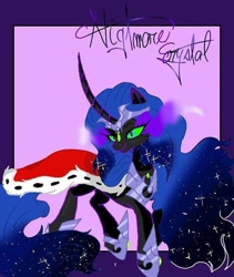 Size: 640x758 | Tagged: safe, alternate version, artist:_goddesskatie_, imported from derpibooru, king sombra, princess luna, pony, unicorn, abstract background, colored horn, curved horn, ethereal mane, female, fusion, hoof shoes, horn, looking back, mare, peytral, solo, sombra eyes, starry mane