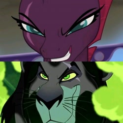 Size: 1920x1920 | Tagged: safe, edit, edited screencap, imported from derpibooru, screencap, tempest shadow, big cat, lion, pony, unicorn, my little pony: the movie, comparison, disney, evil grin, female, grin, male, mare, scar, scar (the lion king), smiling, the lion king