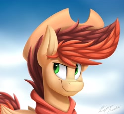 Size: 4096x3747 | Tagged: safe, artist:kaylerustone, imported from derpibooru, oc, oc only, oc:kayle rustone, pegasus, pony, bust, clothes, cloud, cowboy hat, day, folded wings, hat, looking back, male, outdoors, portrait, scarf, signature, sky, smiling, smirk, solo, stallion, wings