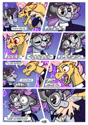 Size: 2100x3000 | Tagged: safe, artist:loryska, imported from derpibooru, oc, oc:larkspur, oc:niko, draconequus, earth pony, hybrid, pony, comic:friendship grows, glasses, hand bite, high res, interspecies offspring, offspring, parent:derpy hooves, parent:discord, parent:doctor whooves, parent:fluttershy, parents:discoshy, parents:doctorderpy