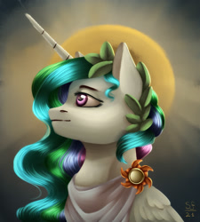 Size: 1800x2000 | Tagged: safe, artist:brilliant-luna, imported from derpibooru, princess celestia, alicorn, pony, bust, cape, clothes, female, halo, jewelry, laurel wreath, portrait, roman, solo, solo female