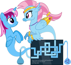 Size: 7006x6400 | Tagged: safe, artist:parclytaxel, imported from derpibooru, oc, oc only, oc:parcly taxel, oc:wishgriff, alicorn, classical hippogriff, genie, genie pony, hippogriff, pony, ain't never had friends like us, albumin flask, .svg available, absurd resolution, bottle, eye contact, female, floating, looking at each other, mare, not silverstream, parcly's travel covers, raised claw, raised hoof, simple background, smiling, tangled up, transparent background, uk ponycon, vector