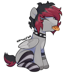 Size: 1280x1280 | Tagged: safe, artist:renhorse, imported from derpibooru, oc, oc only, oc:devil cake, pegasus, pony, clothes, cookie, food, male, nom, simple background, socks, solo, stallion, striped socks, transparent background