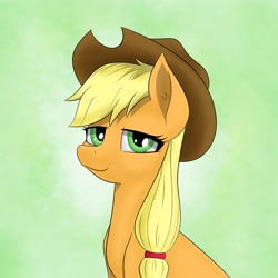 Size: 2560x2560 | Tagged: safe, artist:aquaticvibes, imported from derpibooru, applejack, earth pony, pony, abstract background, applejack's hat, bust, cowboy hat, female, hat, high res, mare, solo