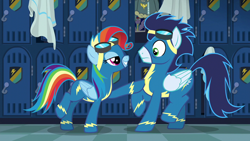 Size: 1920x1080 | Tagged: safe, imported from derpibooru, screencap, rainbow dash, soarin', pegasus, pony, newbie dash, alternate hairstyle, clothes, duo, female, male, mare, rainbow fash, stallion, uniform, wonderbolts uniform