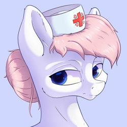 Size: 1800x1800 | Tagged: safe, artist:aquaticvibes, imported from derpibooru, nurse redheart, earth pony, pony, blue background, bust, female, hair bun, hat, mare, nurse hat, simple background, solo, stray strand