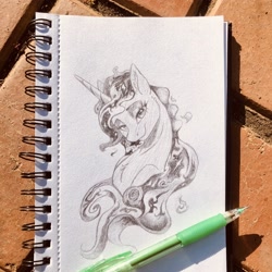 Size: 2048x2048 | Tagged: safe, artist:galinn-arts, imported from derpibooru, princess luna, alicorn, pony, high res, lidded eyes, looking at you, pencil, sketch, smiling, solo, traditional art
