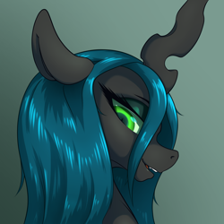 Size: 2000x2000 | Tagged: safe, artist:aquaticvibes, imported from derpibooru, queen chrysalis, changeling, changeling queen, bust, female, gradient background, high res, looking at you, looking back, looking back at you, portrait, solo