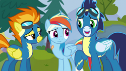 Size: 1920x1080 | Tagged: safe, imported from derpibooru, screencap, rainbow dash, soarin', spitfire, pegasus, pony, newbie dash, clothes, female, goggles, male, mare, stallion, uniform, wonderbolts uniform