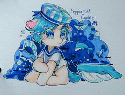 Size: 1024x778 | Tagged: safe, artist:v17nvlsyu9ljsro, imported from derpibooru, dolphin, fish, pony, unicorn, whale, cookie run, hat, male, peppermint cookie, ponified, seashell, simple background, text, traditional art