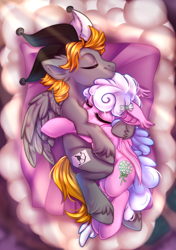 Size: 700x996 | Tagged: safe, artist:cabbage-arts, imported from derpibooru, oc, oc:haiky haiku, oc:jumping jack, bat pony, pegasus, cloud, commission, commissioner:jumping jack, couple, cuddling, duo, female, male, pegasus oc, sleeping, snuggling