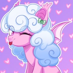 Size: 600x598 | Tagged: artist needed, source needed, safe, imported from derpibooru, oc, oc only, oc:haiky haiku, bat pony, pony, cute, flirting, heart, heart background, looking at you, one eye closed, solo, wink, winking at you