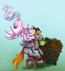 Size: 854x934 | Tagged: safe, artist:gela98, imported from derpibooru, oc, oc only, oc:haiky haiku, oc:jumping jack, bat, bat pony, pegasus, couple, duo, garden, holiday, valentine, valentine's day