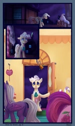 Size: 749x1248 | Tagged: safe, artist:violettacamak, imported from derpibooru, mayor mare, oc, bat pony, earth pony, pony, comic:royal pains, night, sugarcube corner