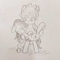 Size: 1080x1080 | Tagged: safe, artist:snowzaaah, imported from derpibooru, applejack, rainbow dash, earth pony, pegasus, pony, appledash, appledashdailydoodles, bridal carry, carrying, doodle, female, lesbian, monochrome, pencil drawing, shipping, sketch, traditional art