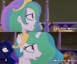 Size: 3725x3120 | Tagged: safe, artist:aryatheeditor, imported from derpibooru, kotobukiya, screencap, princess celestia, princess luna, alicorn, human, pony, equestria girls, my little pony: the movie, canterlot, canterlot castle, clothes, comparison, crown, digital art, equestria girls interpretation, female, high res, human and pony, humanized, jewelry, kotobukiya princess celestia, magical geodes, mare, movie, movie accurate, movie reference, outfit, regalia, scene interpretation, screencap reference, shirt, solo