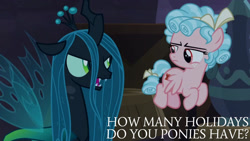 Size: 1280x720 | Tagged: safe, edit, edited screencap, editor:quoterific, imported from derpibooru, screencap, cozy glow, queen chrysalis, changeling, pegasus, pony, season 9, the summer sun setback, caption, duo, duo female, female, filly, mare, open mouth, text, vase