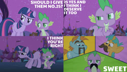 Size: 1280x720 | Tagged: safe, edit, edited screencap, editor:quoterific, imported from derpibooru, screencap, snails, snips, spike, twilight sparkle, dragon, pony, unicorn, boast busters, season 1, facial hair, female, male, mare, moustache, night, stallion, unicorn twilight