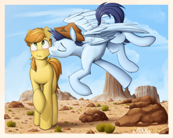 Size: 2000x1600 | Tagged: safe, artist:uliovka, imported from derpibooru, braeburn, soarin', earth pony, pegasus, pony, blushing, cheek kiss, cloud, colored pupils, cowboy hat, cute, day, desert, eyes closed, eyes rolling back, flying, gay, grass, hat, kissing, male, outdoors, raised hoof, shipping, sky, smiling, soarburn, spread wings, stallion, wings